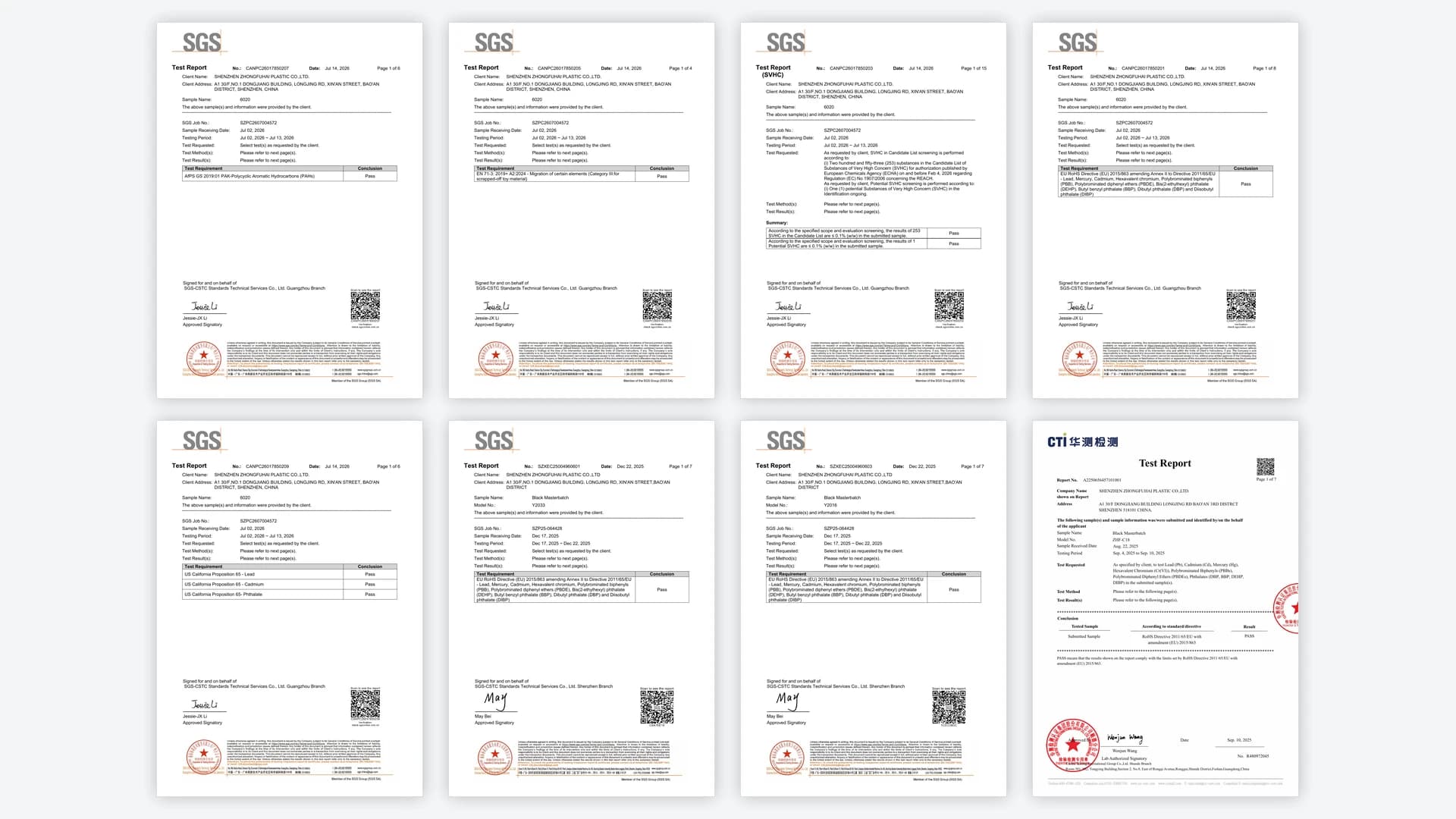 Independent SGS and CTI test report first pages for ZFH black masterbatch grades — including recycled 6020 (RoHS, EN 71-3, REACH, California Proposition 65 and PAHs) — all Pass