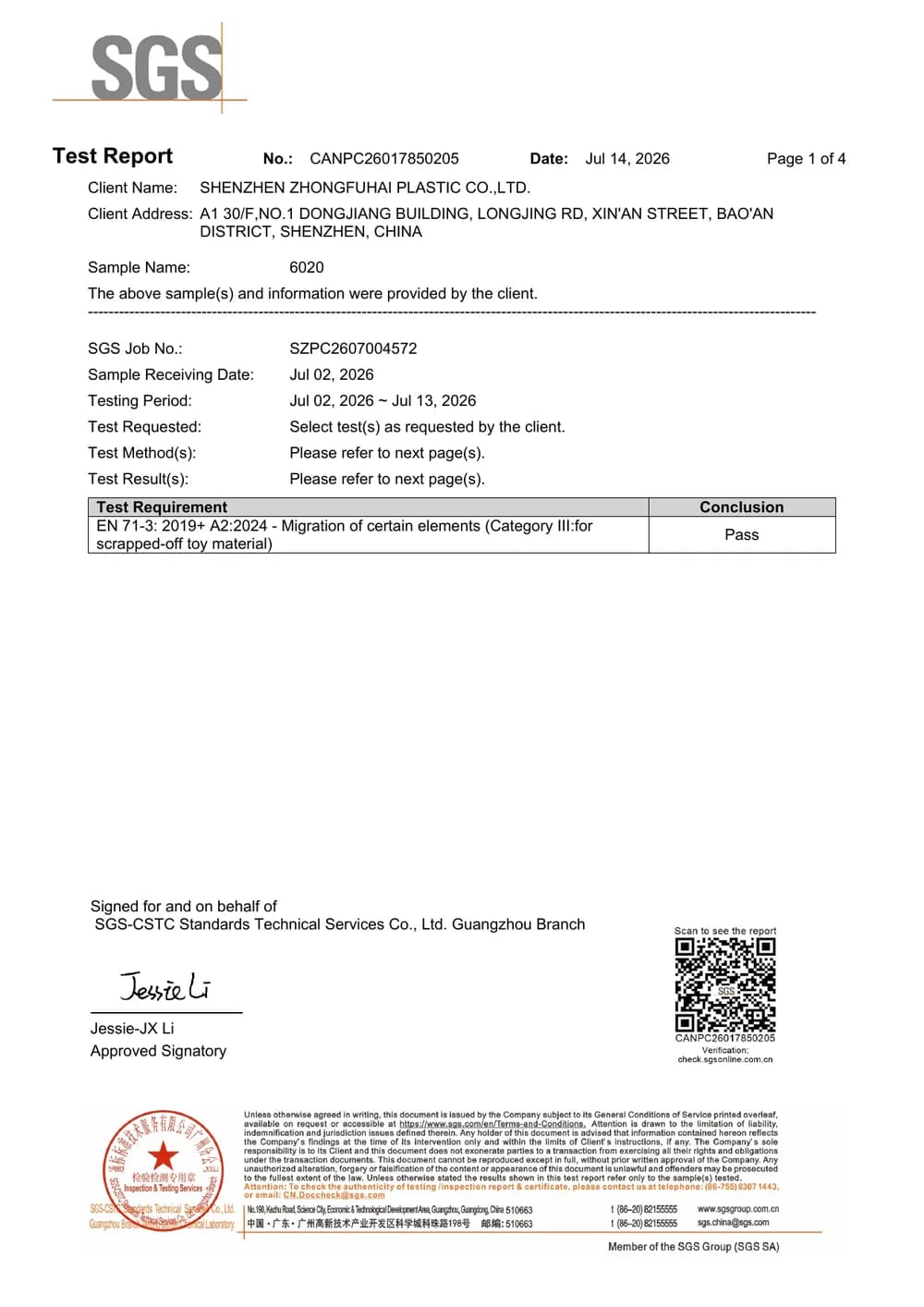 EN 71-3 Toy Safety test report for MB-6020