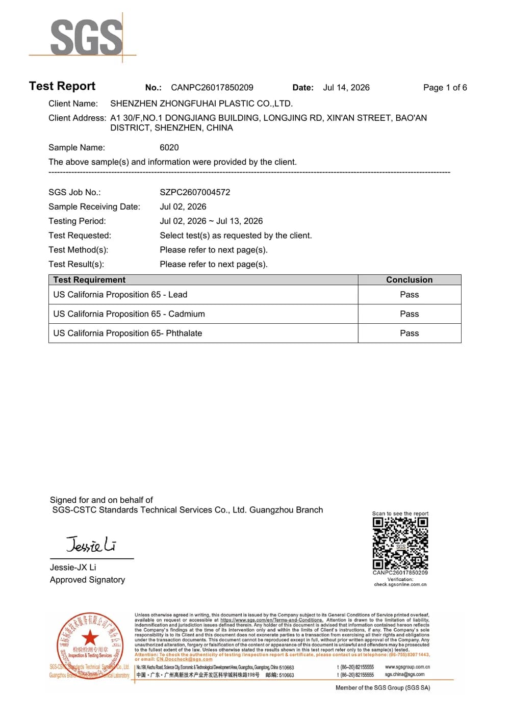 California Proposition 65 test report for MB-6020