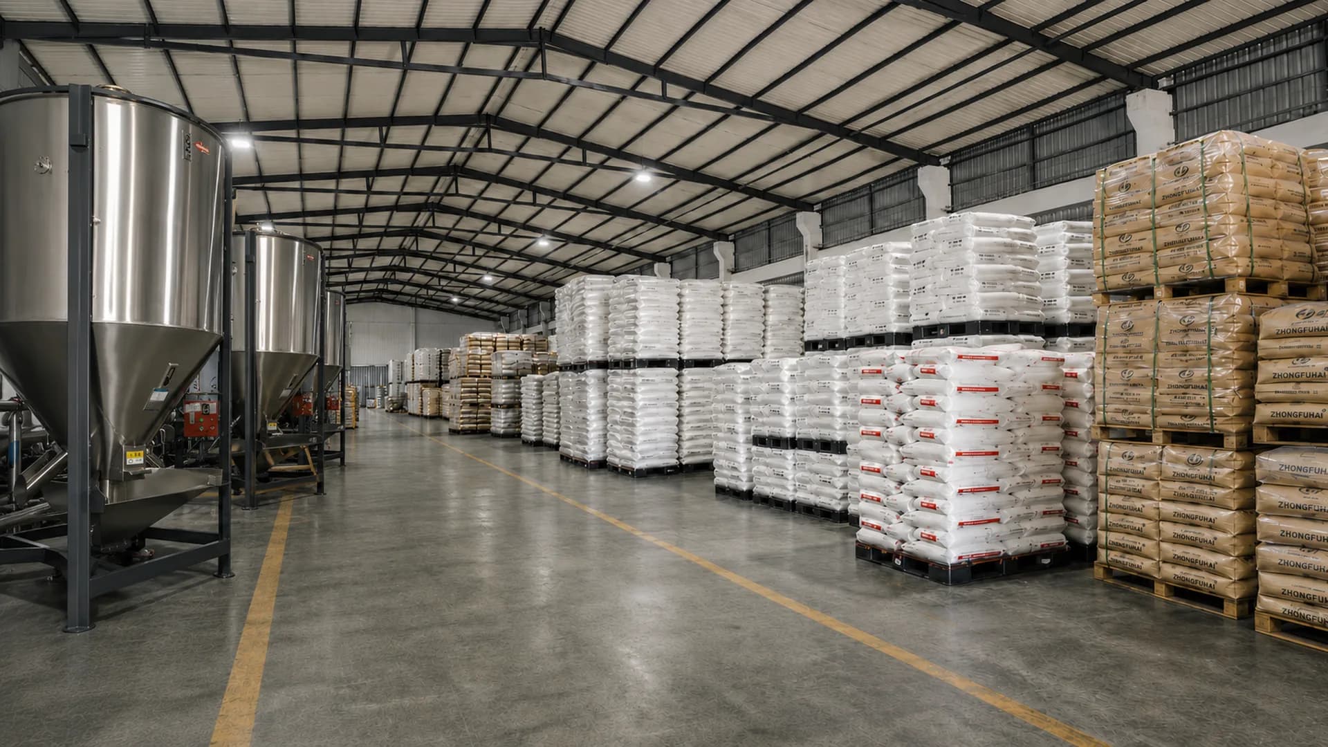 Finished goods warehouse storing packaged black masterbatch for export