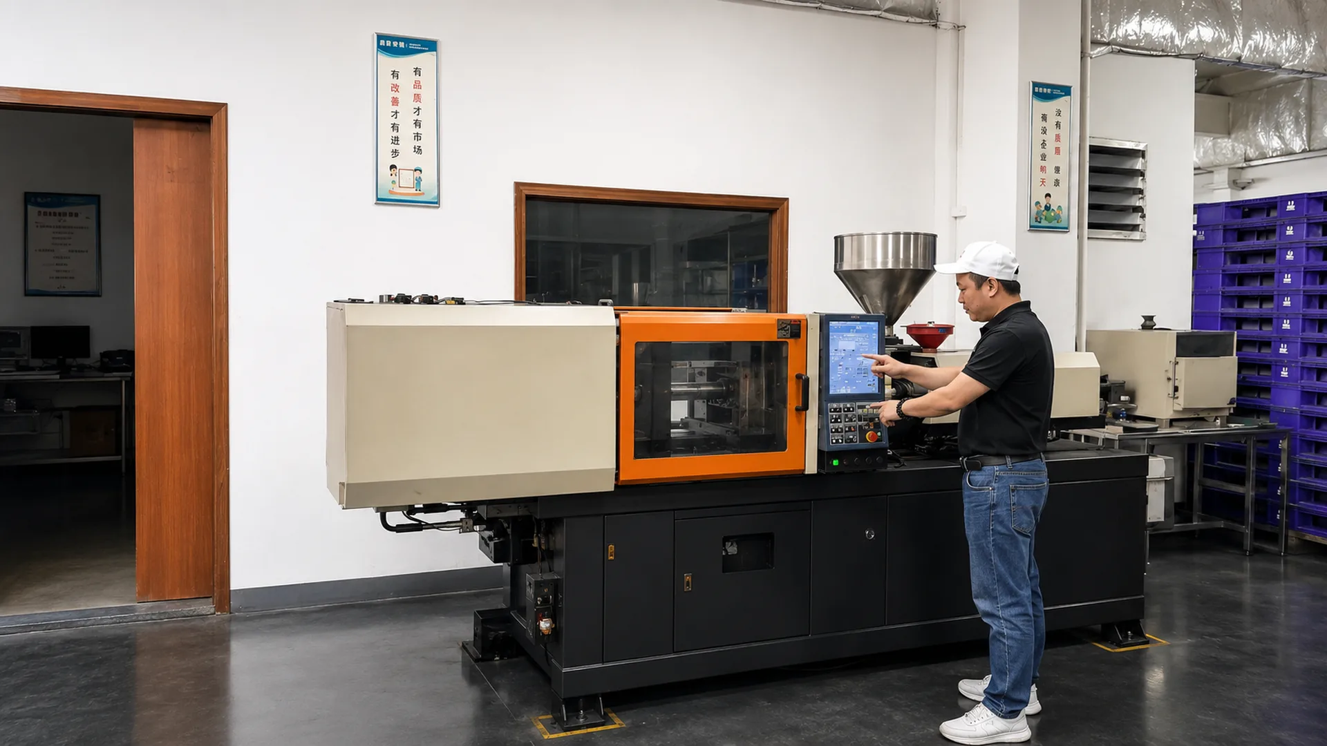 Injection molding machine running black masterbatch on the production floor