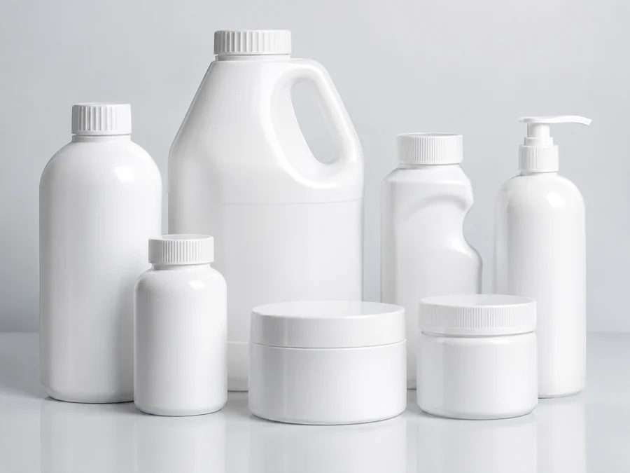 White blow-moulded bottles and jars