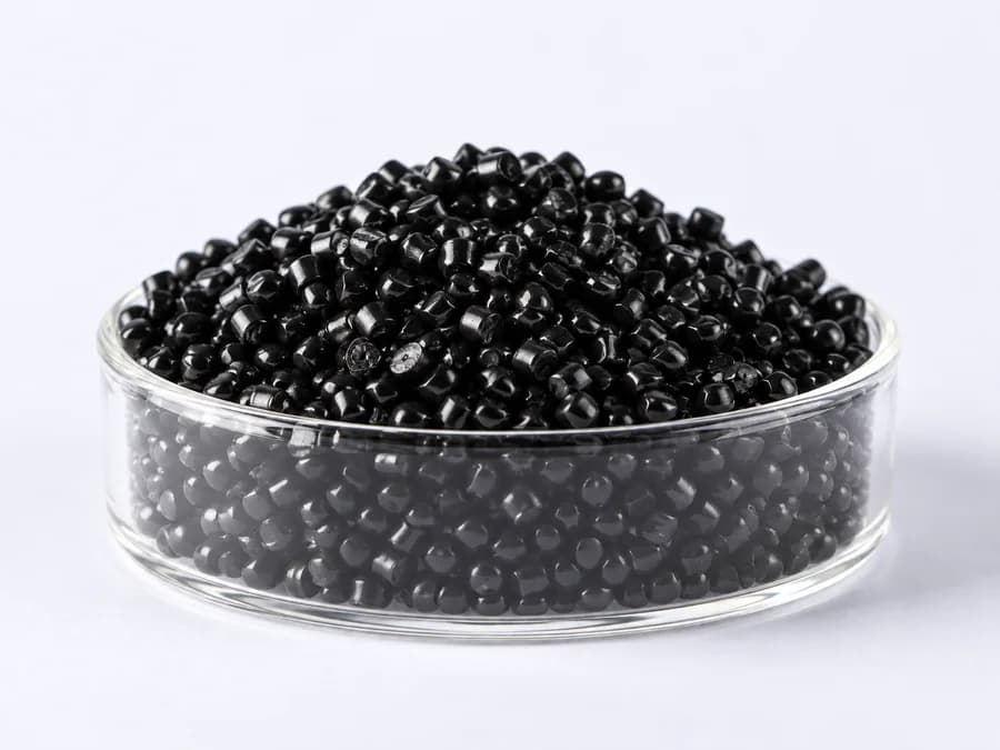 Y-Series recycled black masterbatch granules in a glass dish