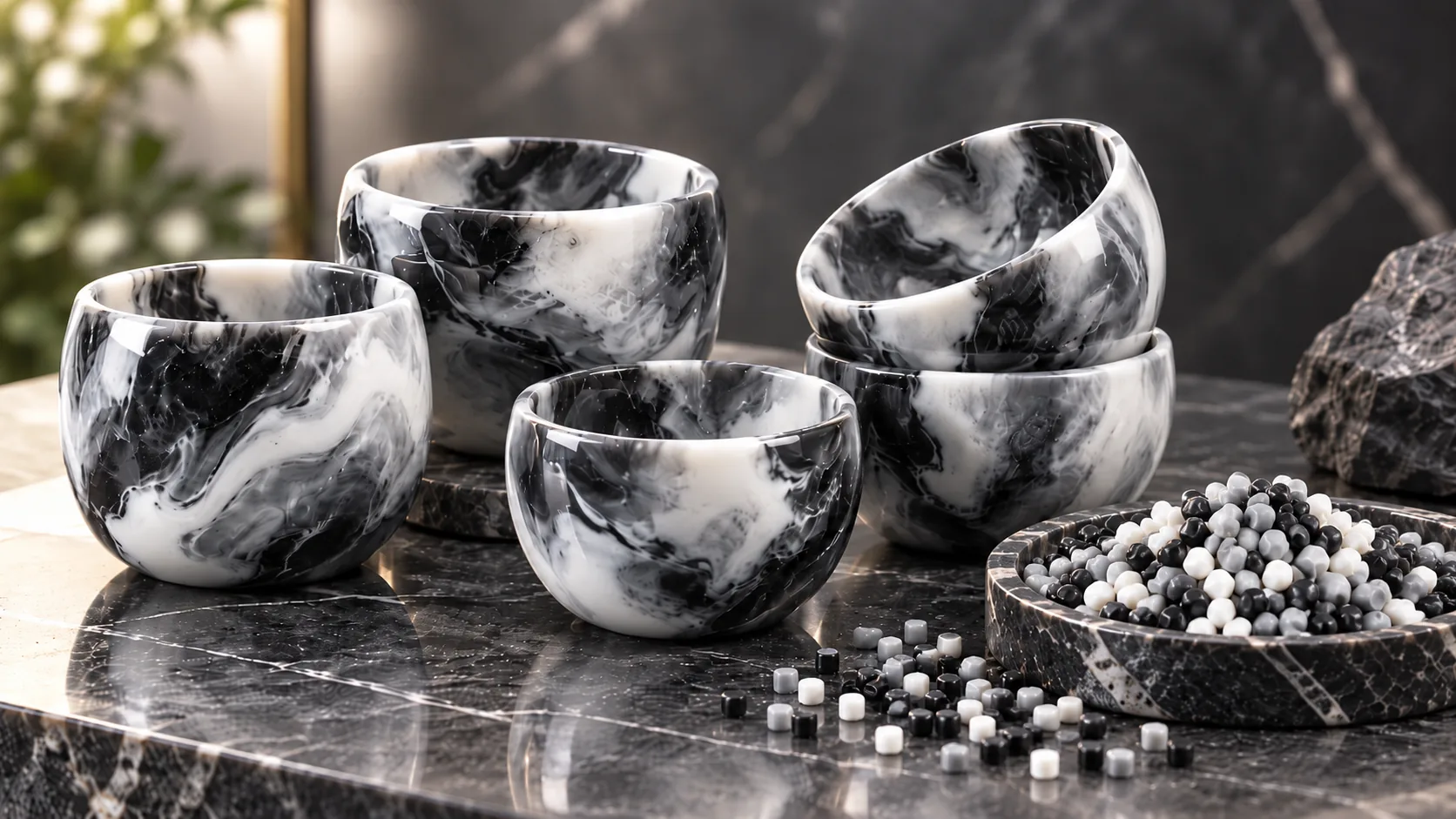 Black and white marble-effect masterbatch bowls