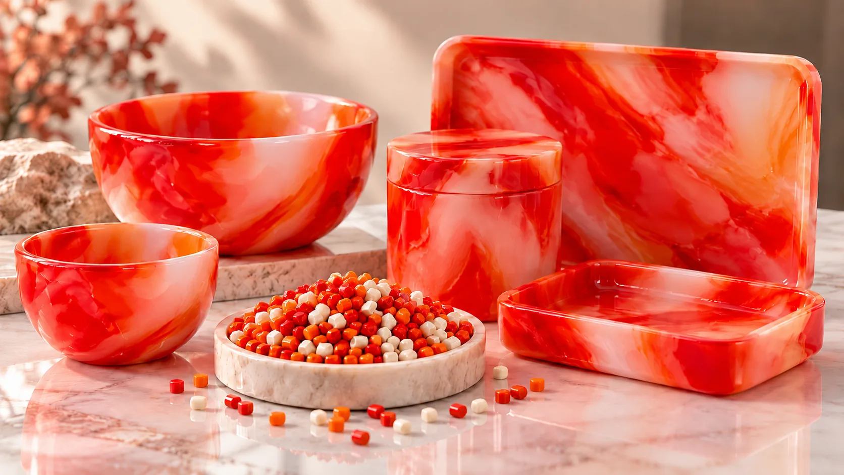 Coral red marble-effect masterbatch bowls, jar and trays