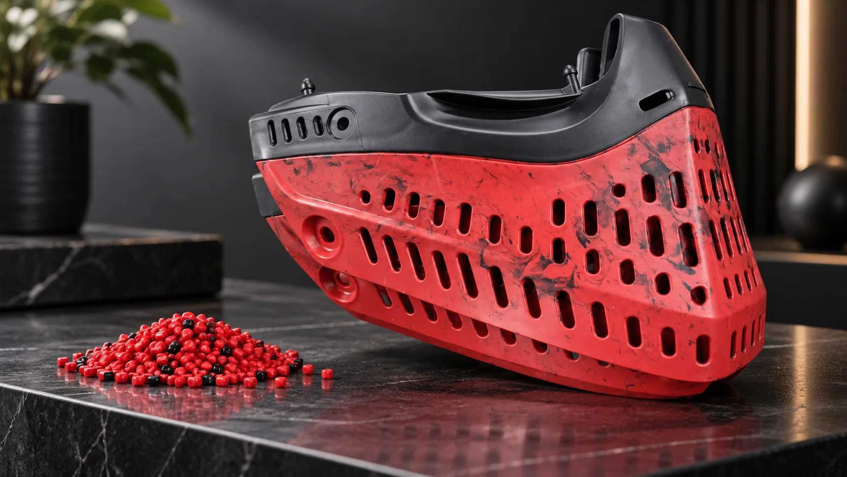 Marble-effect masterbatch mask injection moulded in red and black