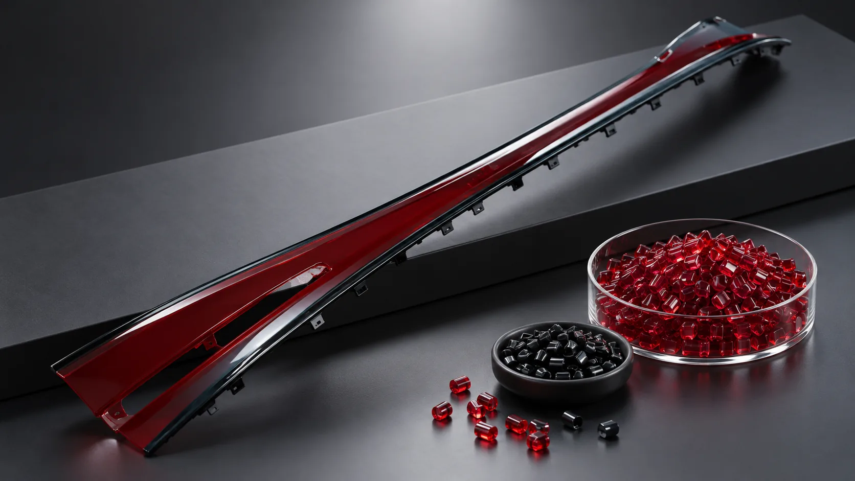 Paint-free high-gloss red automotive lighting trim moulded from masterbatch
