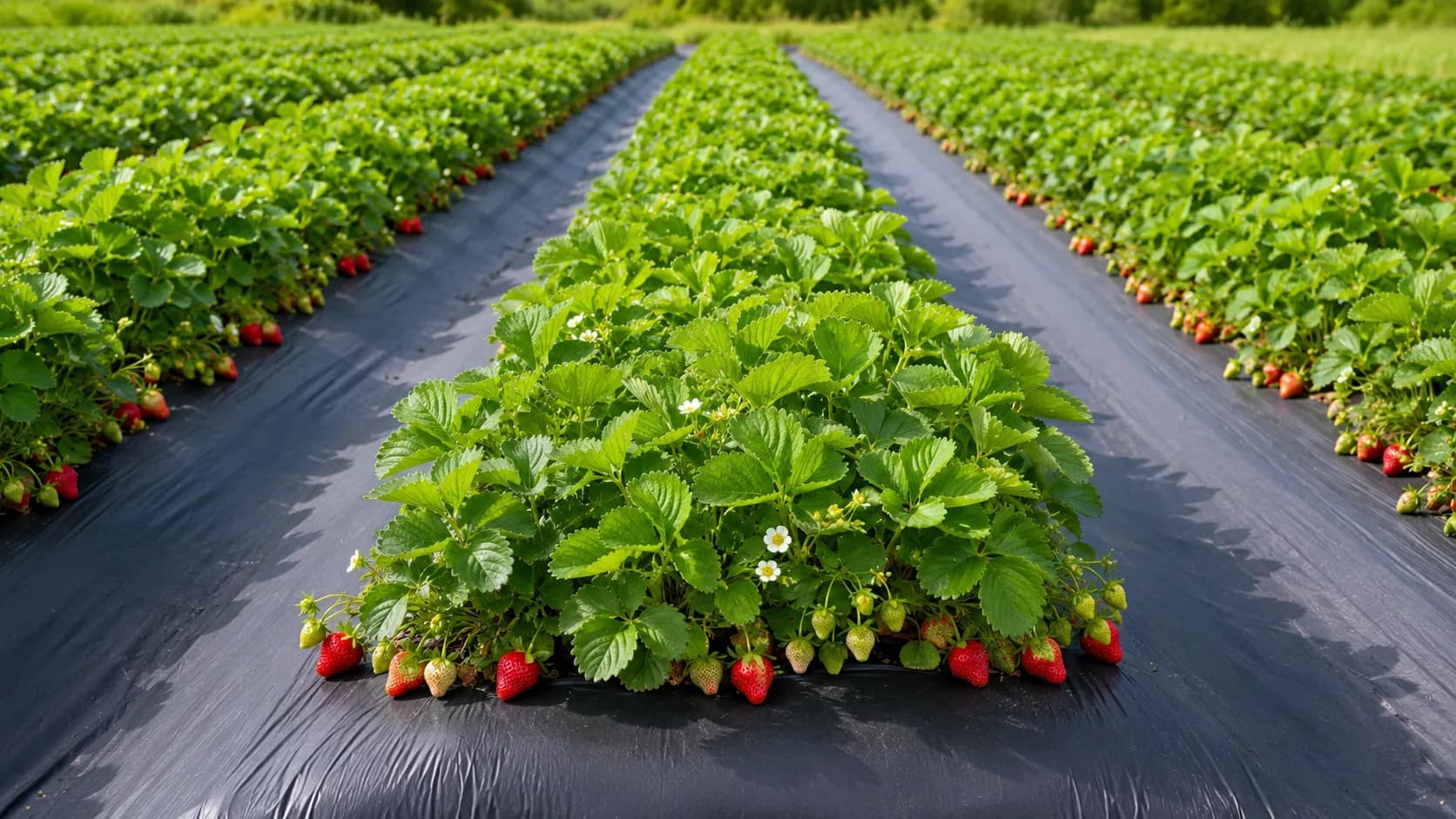 Black masterbatch agricultural mulch film in a strawberry field