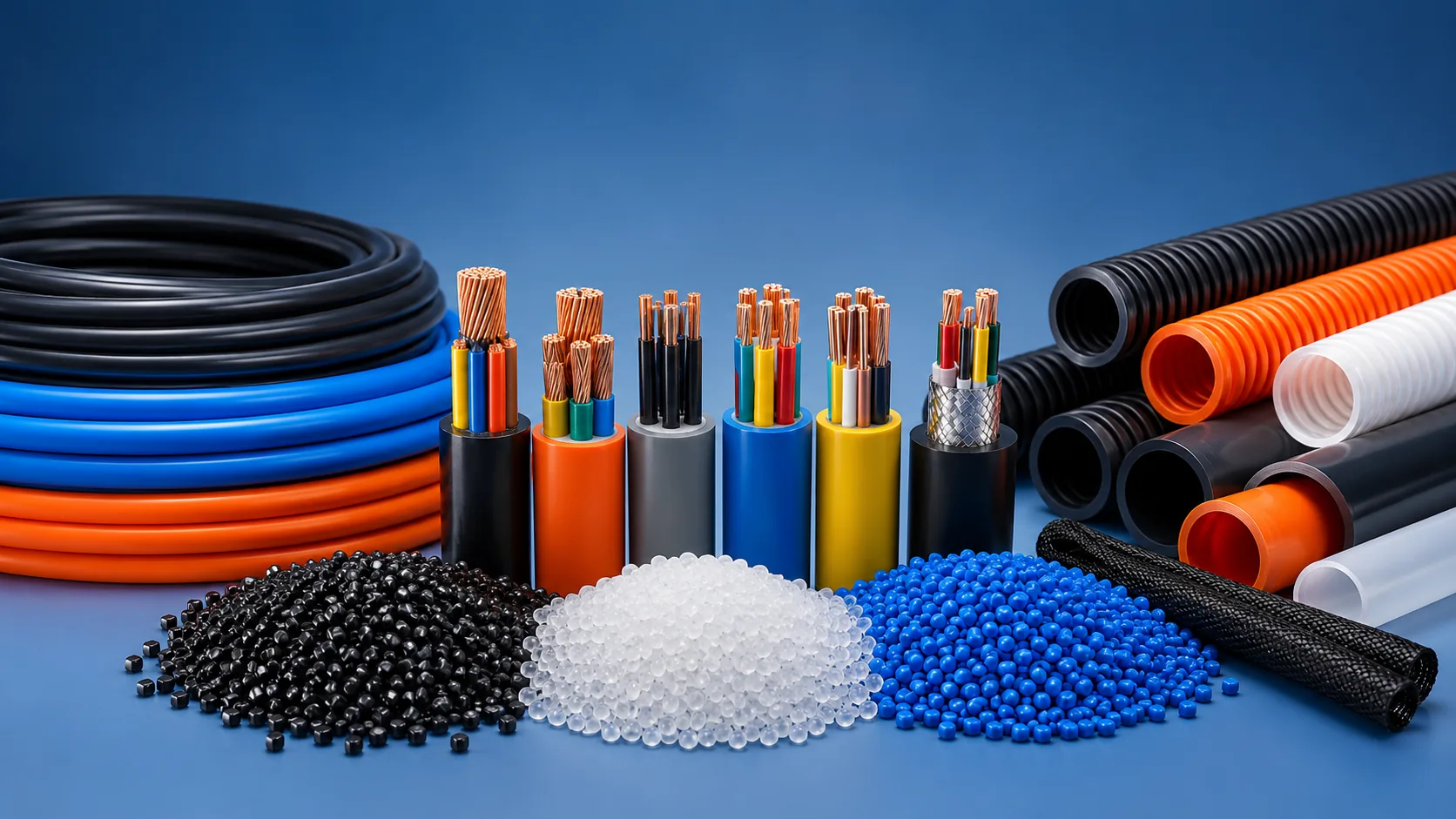 Black masterbatch cable jacketing, conduit and wire with pellets