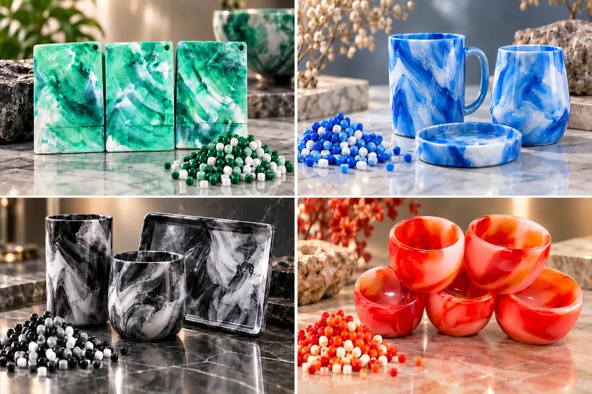 Louça e decoração com efeito mármore em jade, azul e coral