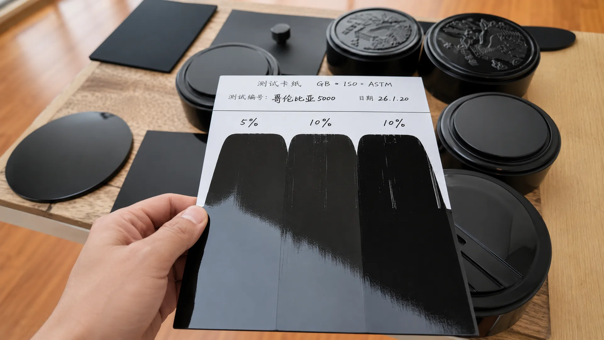 Black masterbatch dispersion and blackness comparison test at different addition rates, referencing GB, ISO and ASTM standards