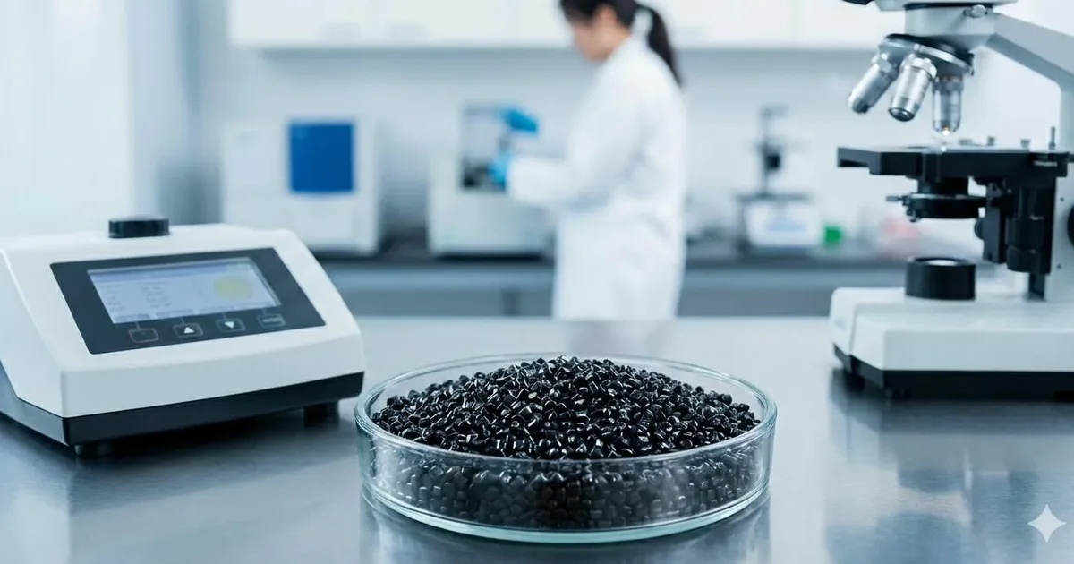 Close-up of black masterbatch pellets showing uniform jet-black color and dispersion
