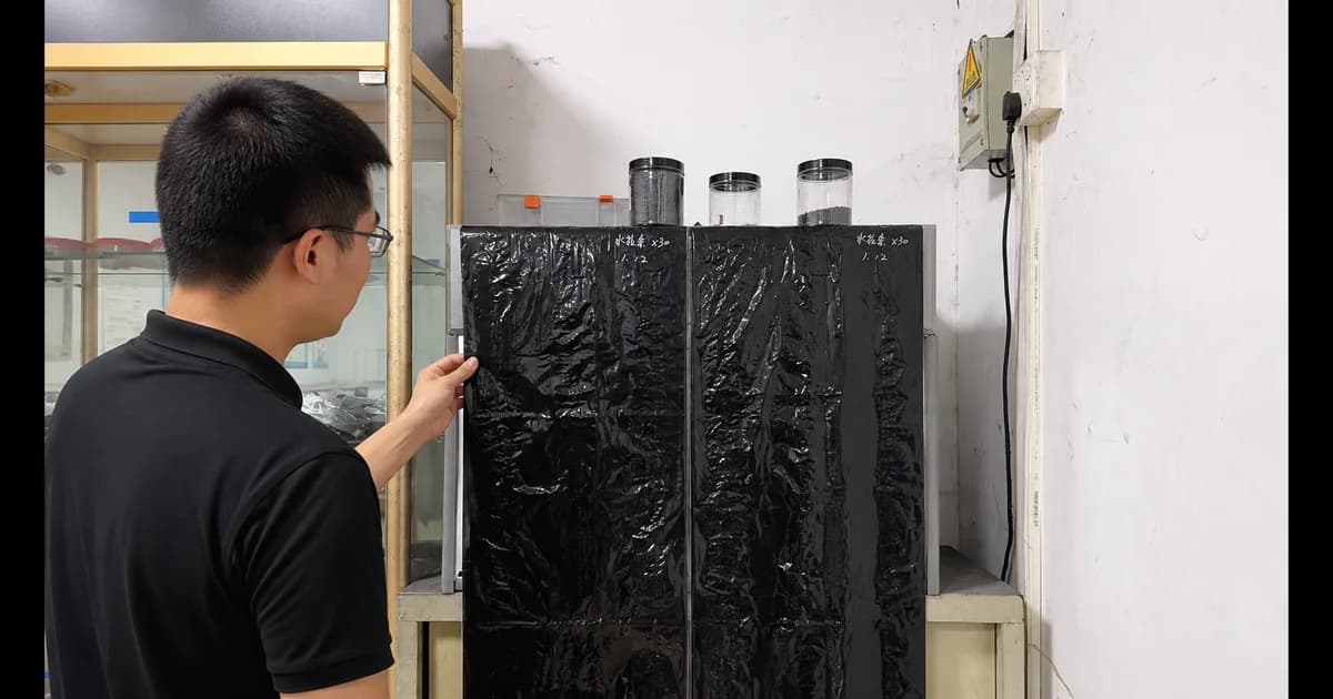 Quality technician inspecting black masterbatch film dispersion at a light box