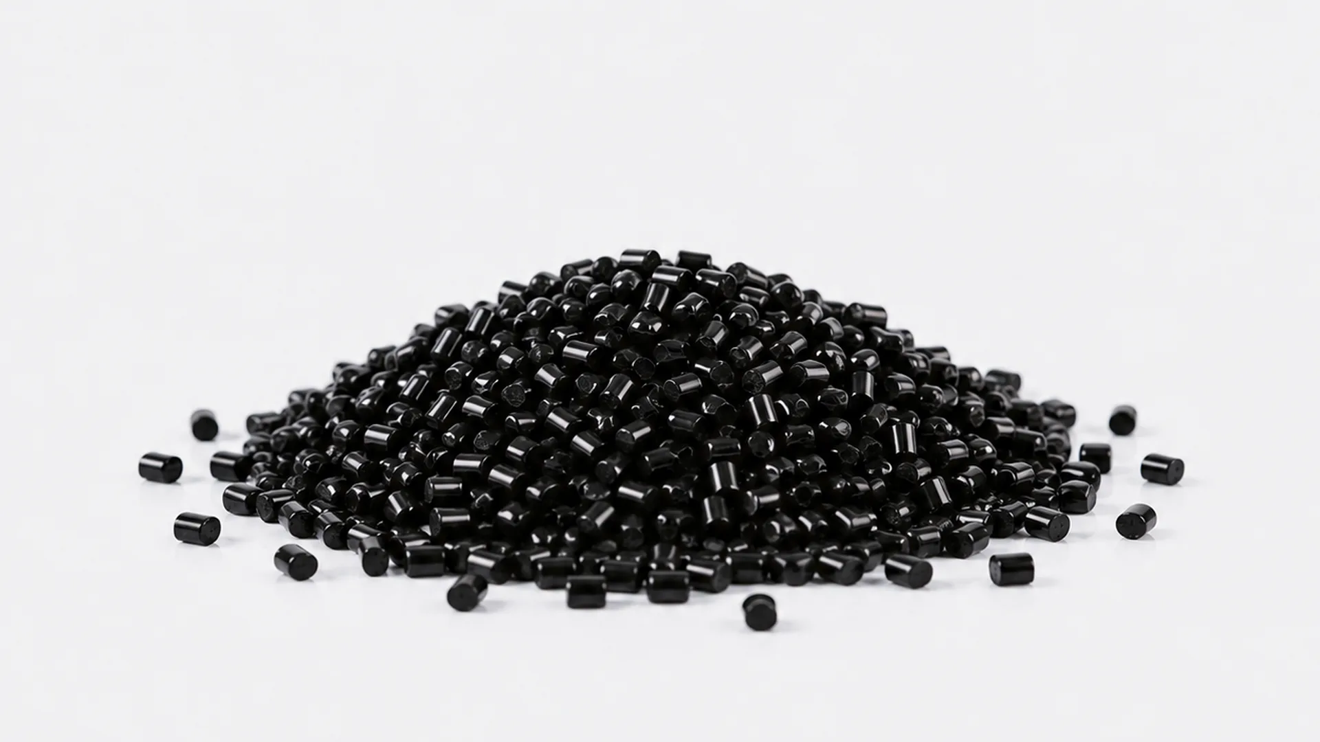 Close-up of black masterbatch pellets showing jetness and gloss