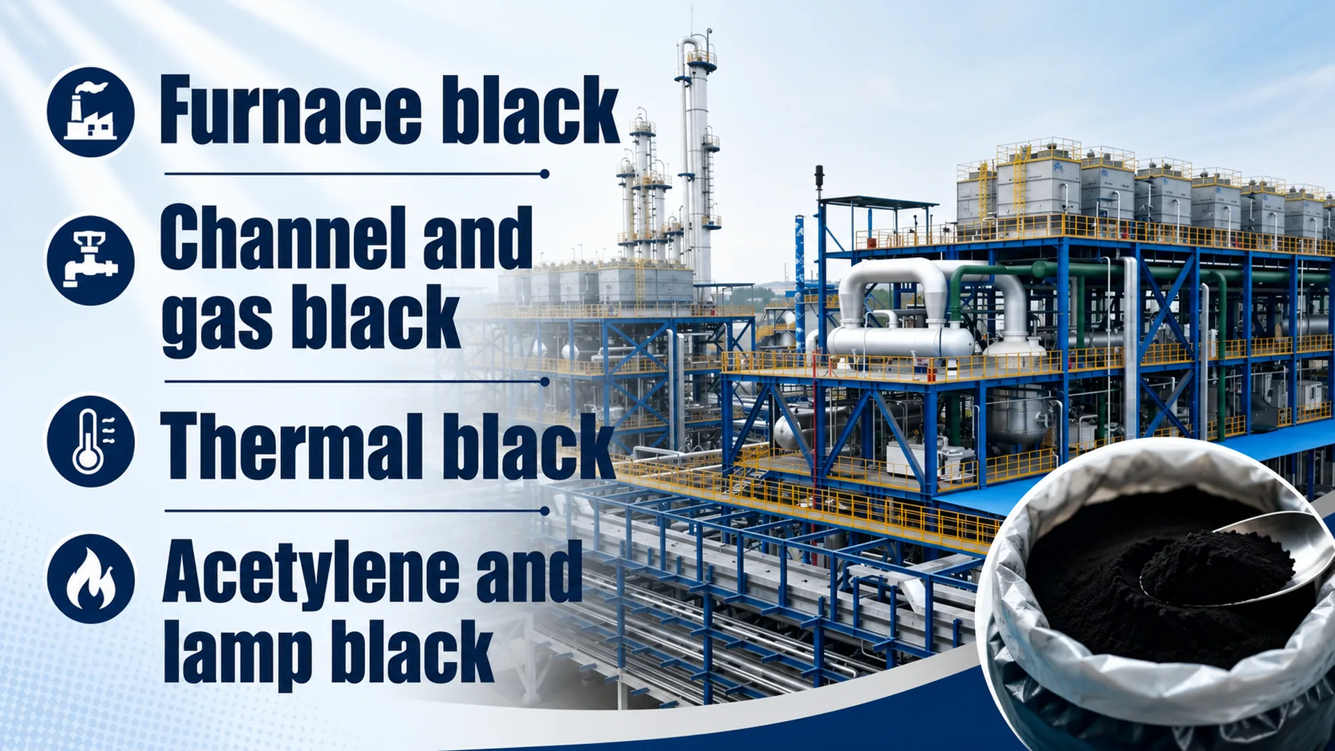 Carbon black production processes — furnace, channel, gas, and thermal — for masterbatch