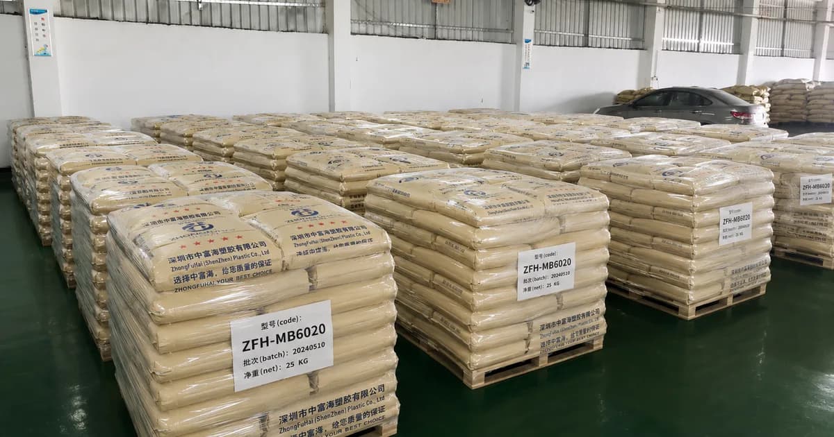 Pallets of ZFH-MB6020 recycled black masterbatch in the finished goods warehouse
