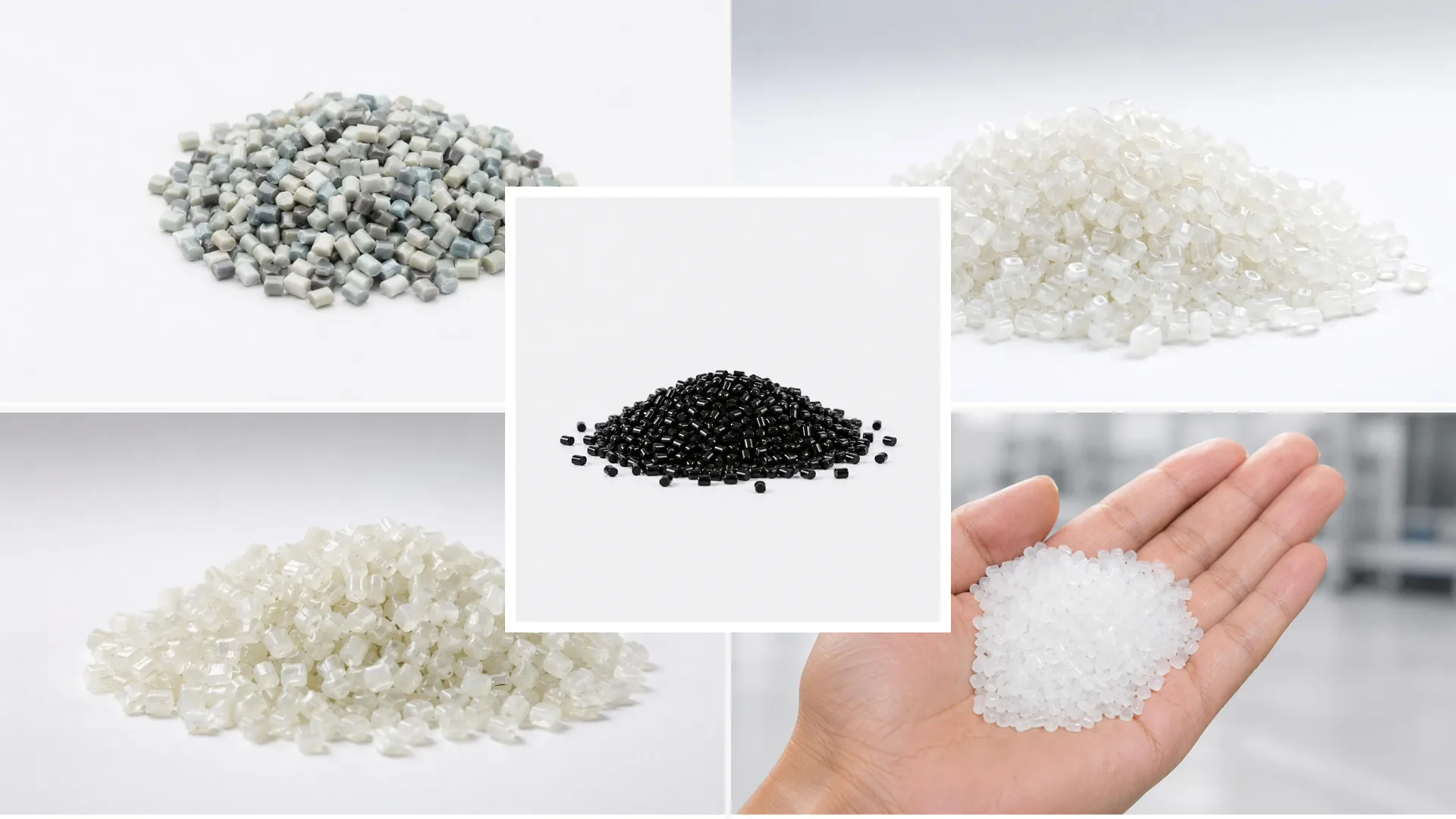 Recycled black masterbatch pellets alongside recycled PE, PP and mixed-color regranulate