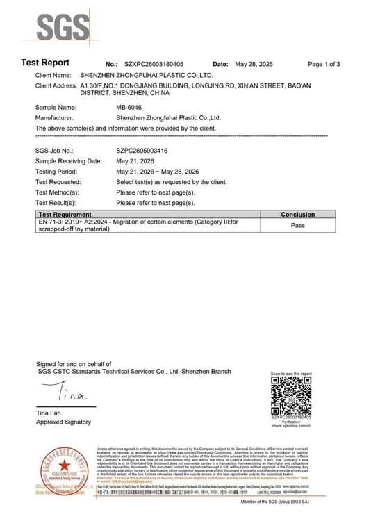 EN 71-3 Toy Safety test report for ZFH-6046