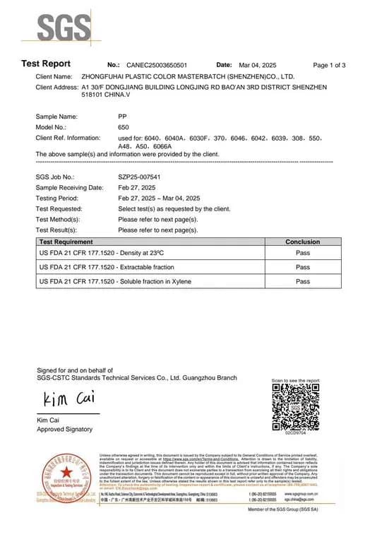 FDA Food Contact test report for ZFH-650 PP