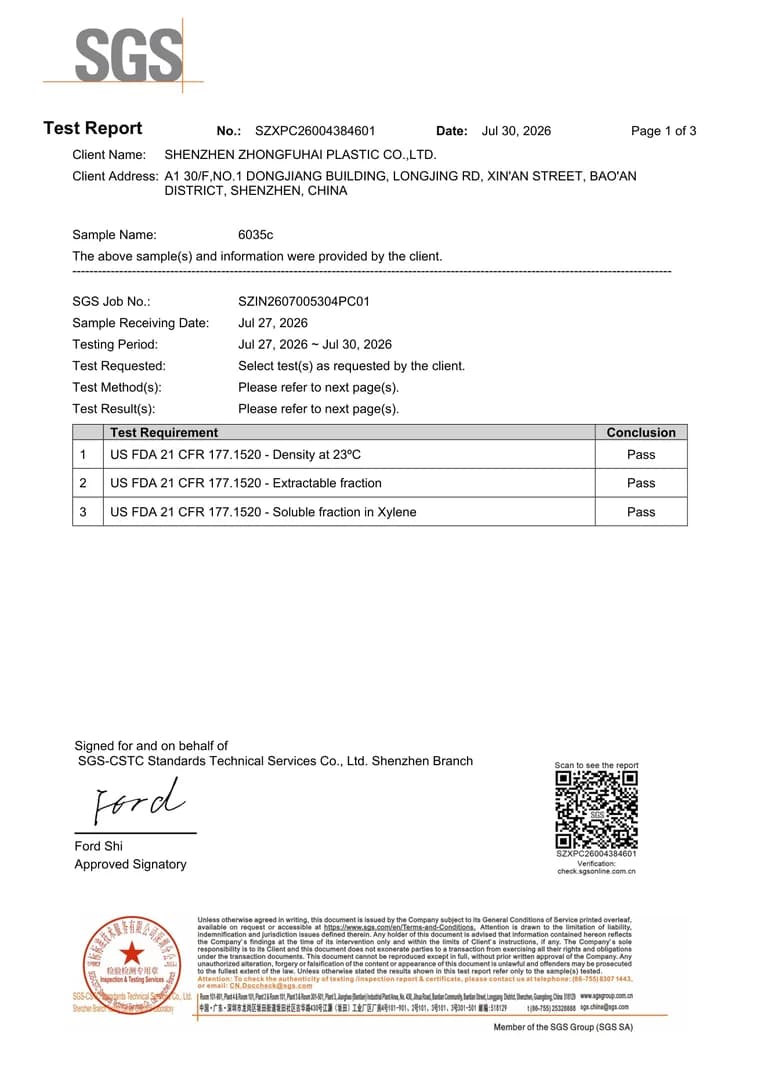 FDA Food Contact (US FDA 21 CFR 177.1520) test report — ZFH-6035C masterbatch tested at 5% loading in PP