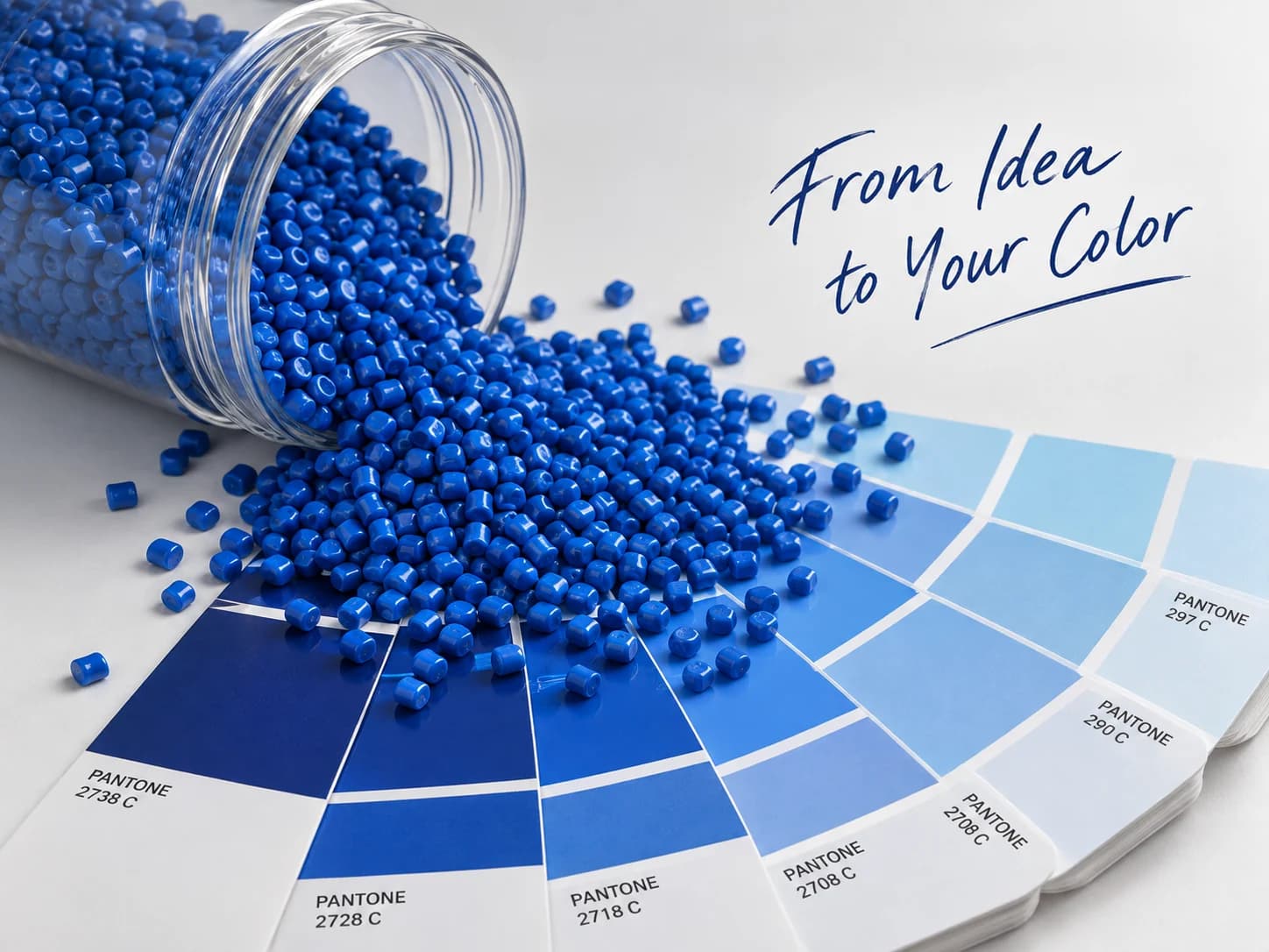 Blue color masterbatch granules poured over a Pantone colour guide