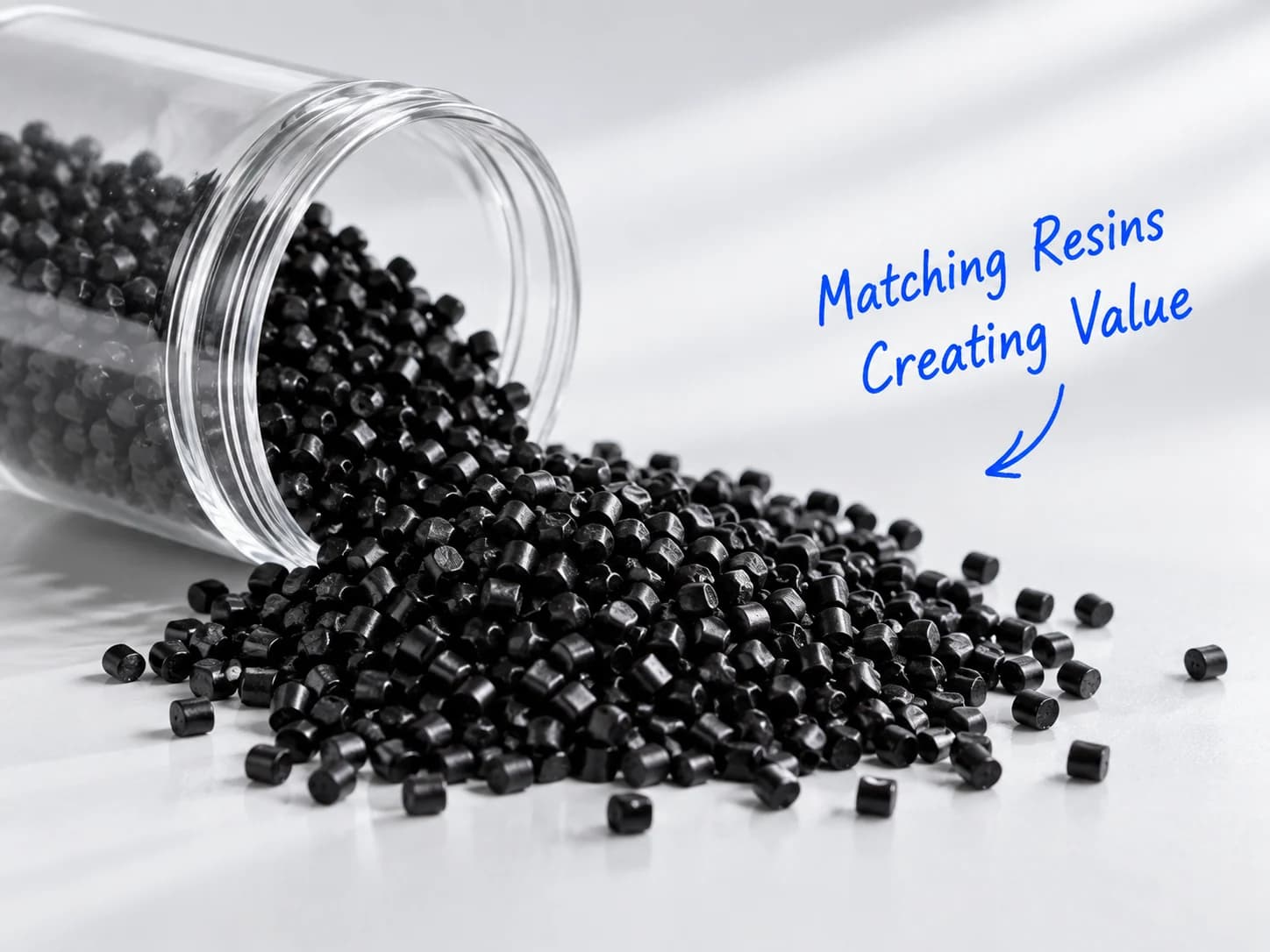 Black masterbatch granules poured from a jar