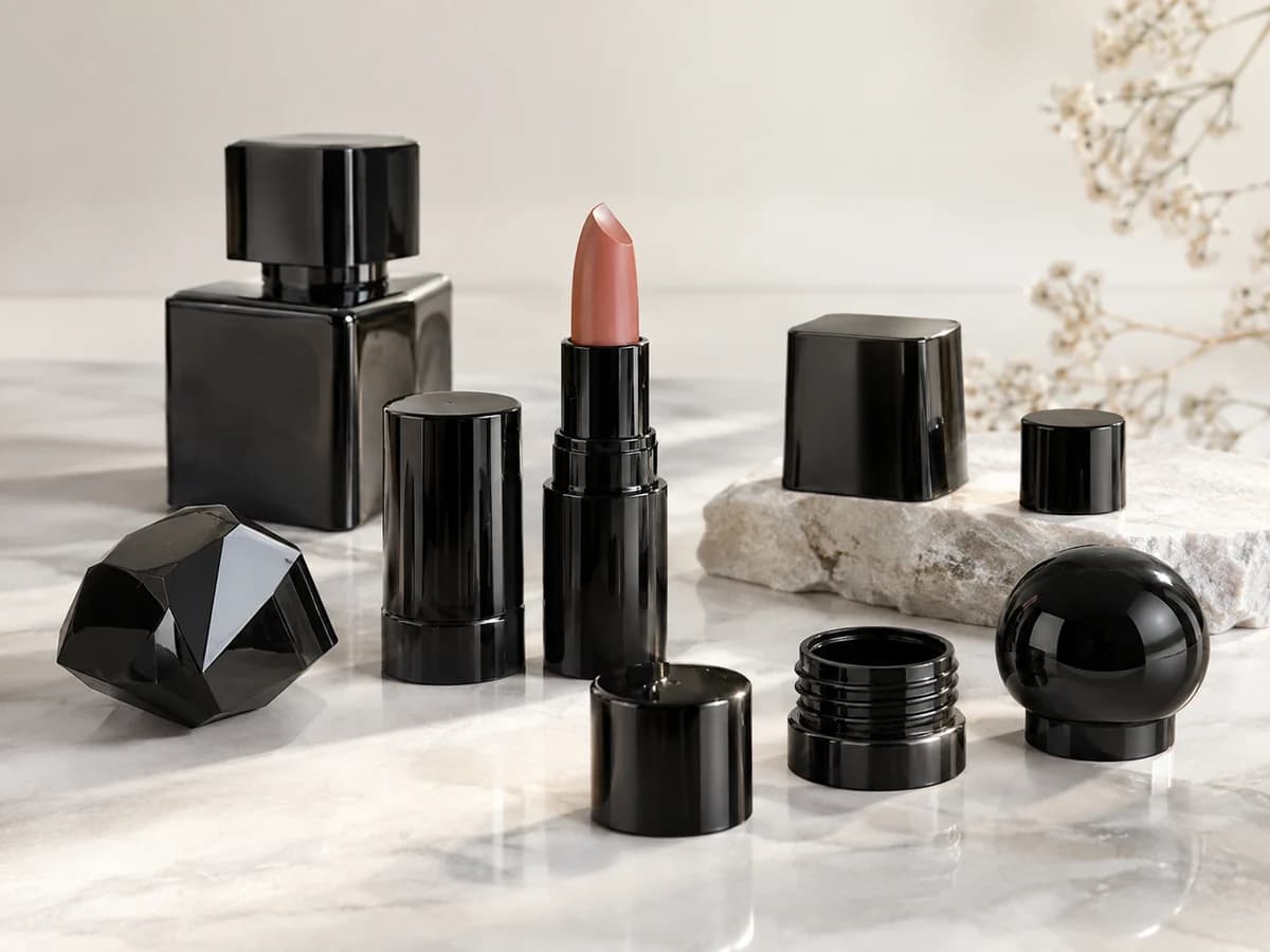 Black cosmetic caps, lipstick cases and packaging