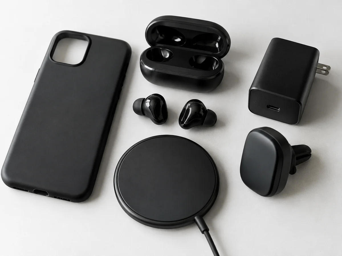 Black mobile phone housings and electronic accessories