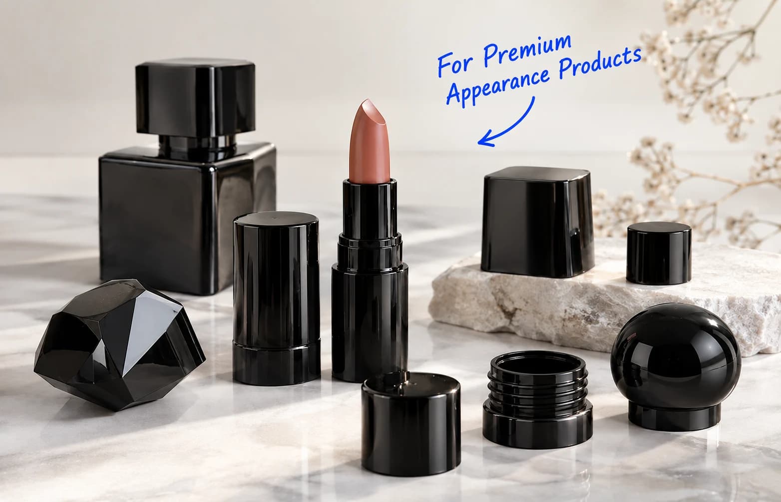 Glossy black cosmetic packaging moulded with high color black masterbatch