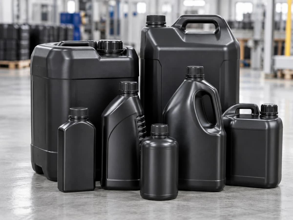 Black blow moulded bottles and industrial containers