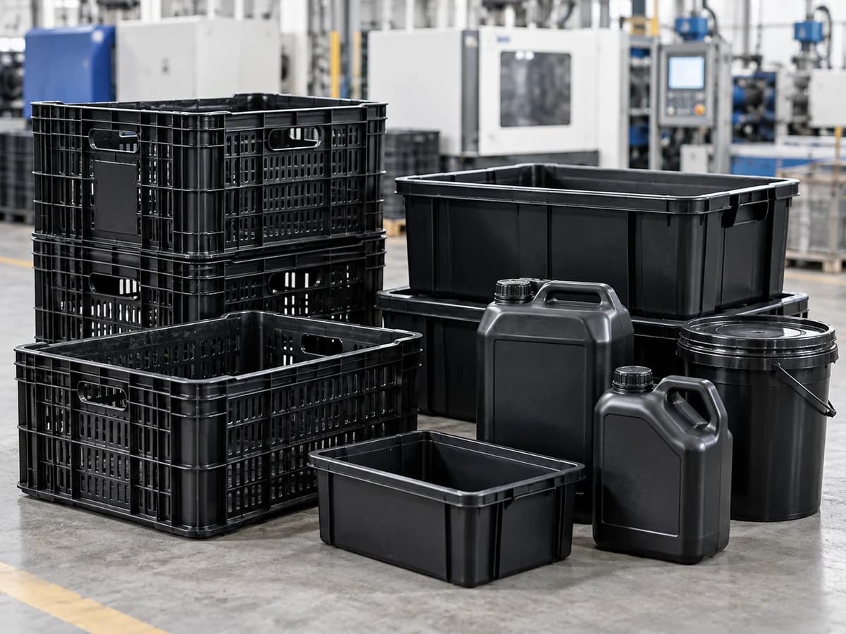 Black injection moulded boxes and containers
