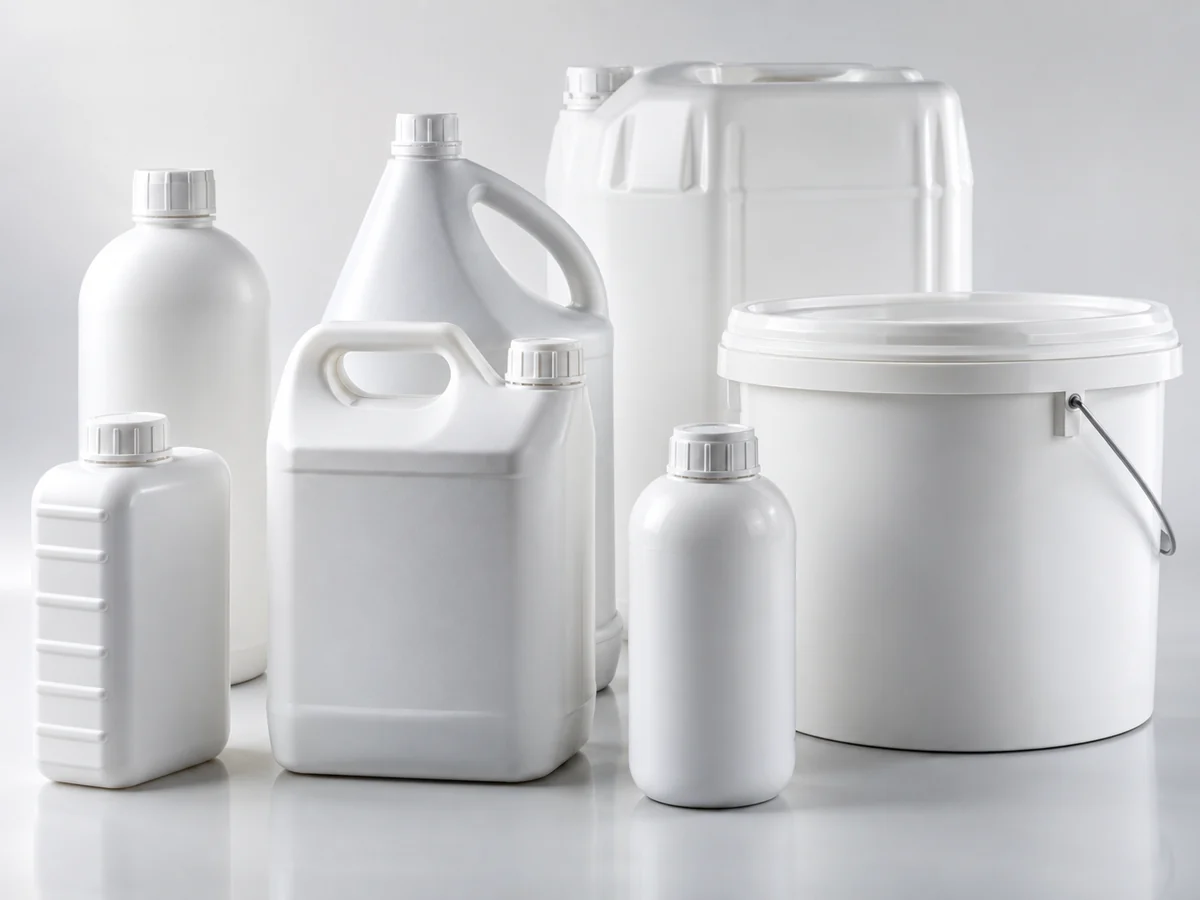 White blow-moulded bottles and tanks