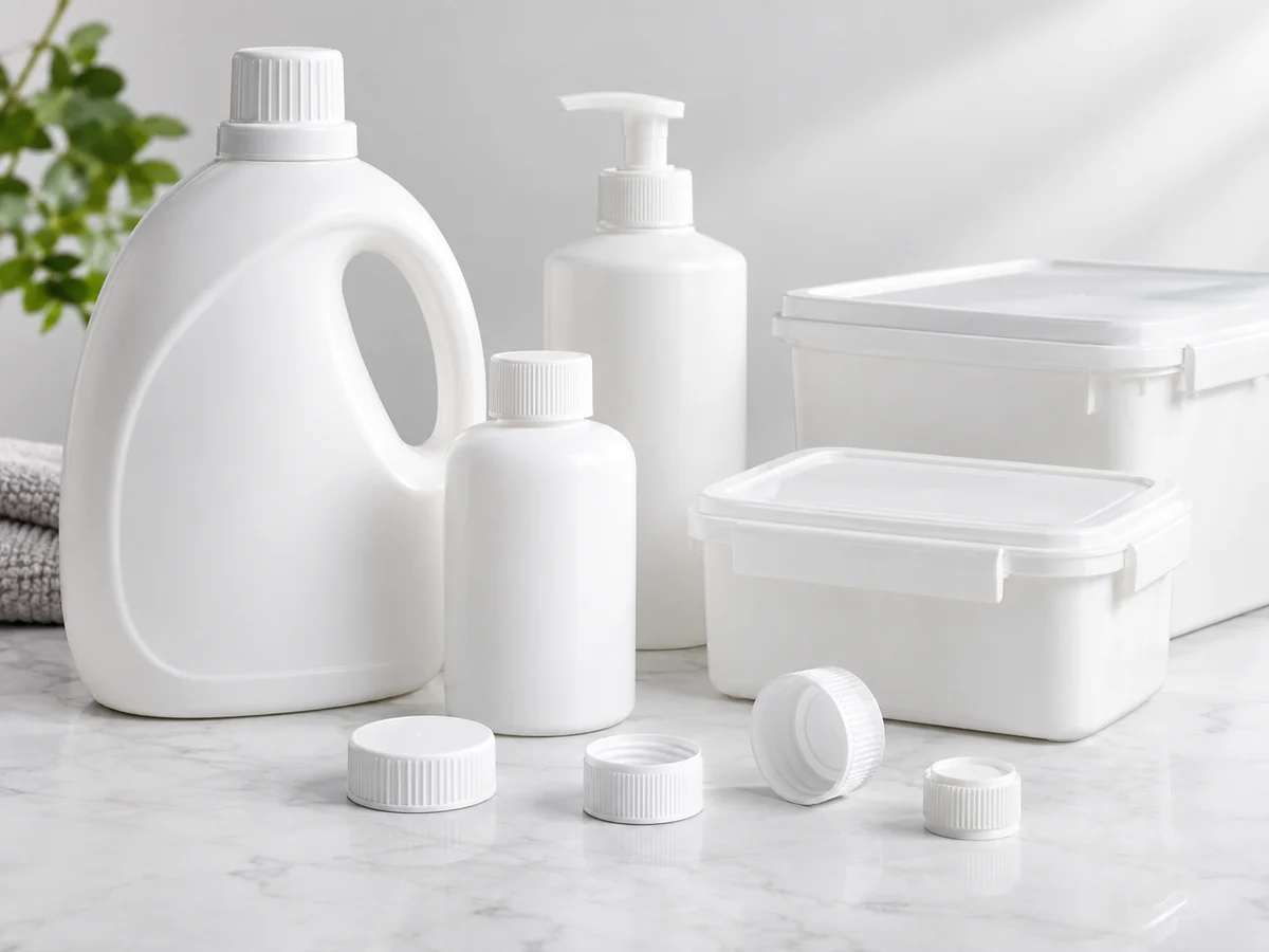 White injection-moulded containers and caps