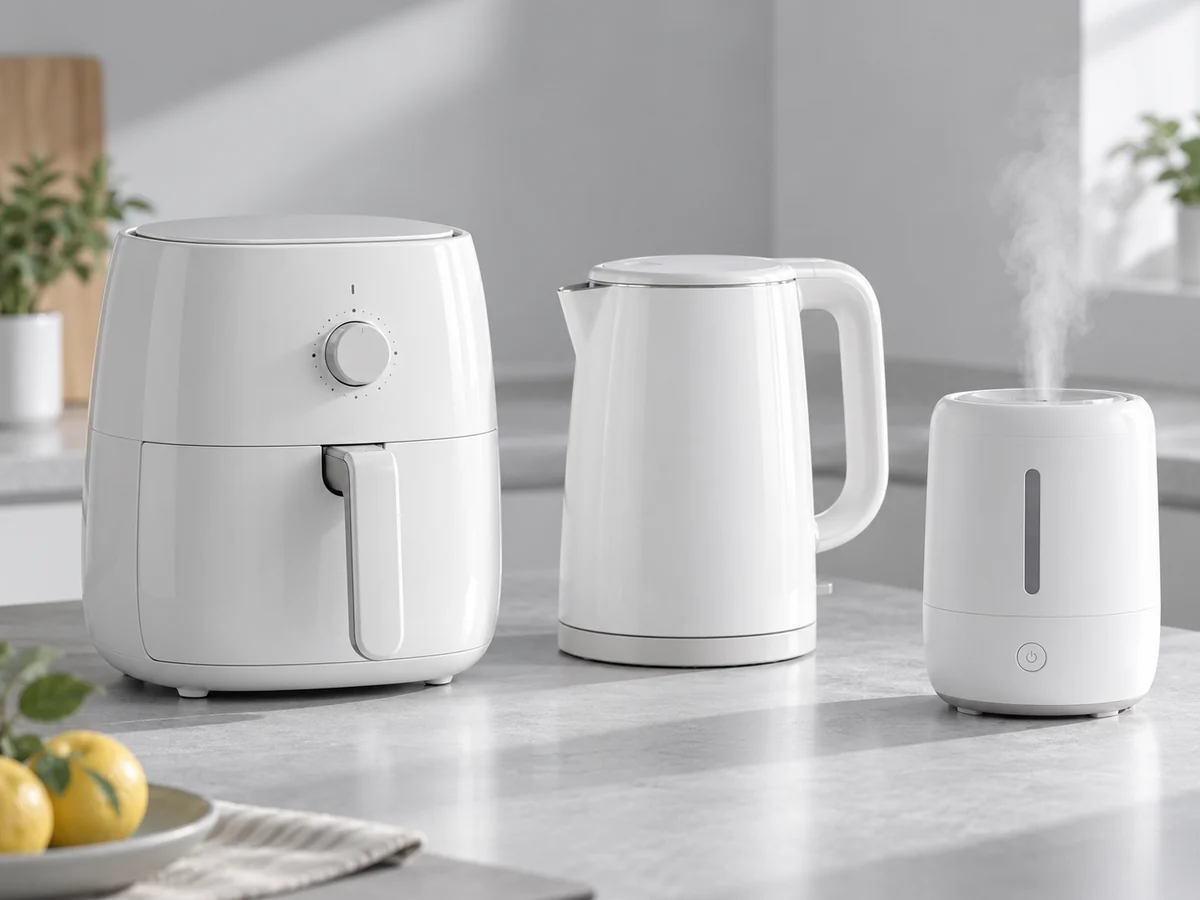 White fan, handheld vacuum and steam iron