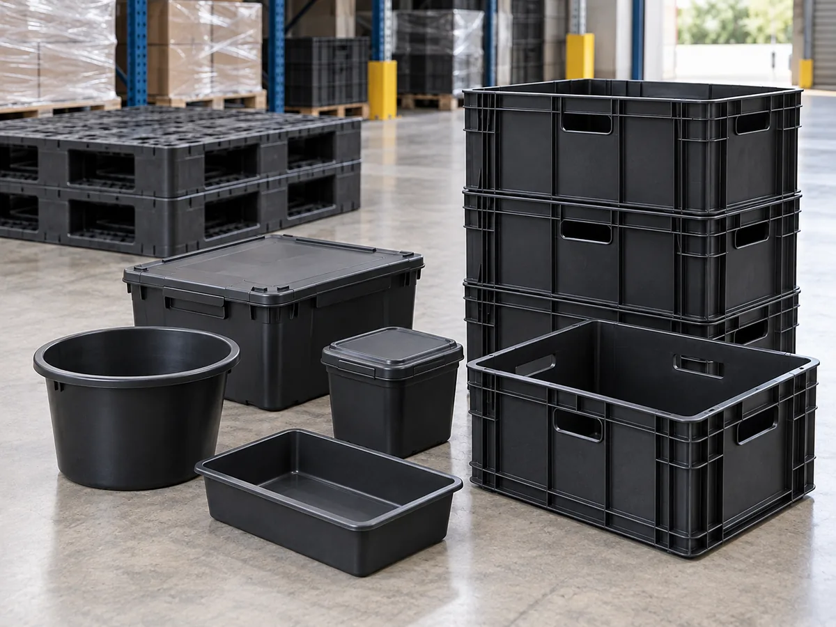 Black molded crates, bins and trays